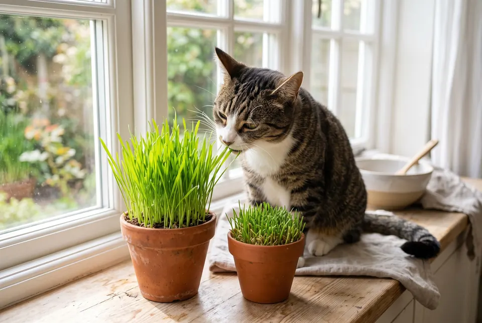 A tabby cat nibbling young wheatgrass in a terracotta pot on a sunny windowsill