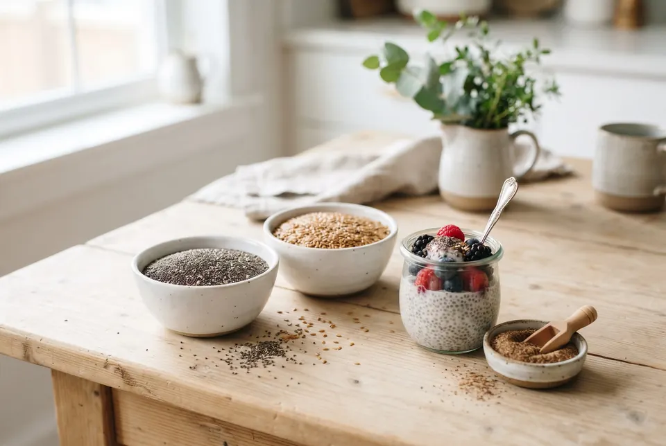 Bowls of black chia seeds and golden flaxseeds beside a jar of chia pudding and a dish of ground flax