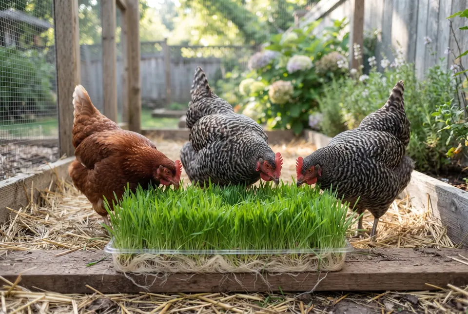 Backyard chickens pecking at a tray of sprouted barley fodder