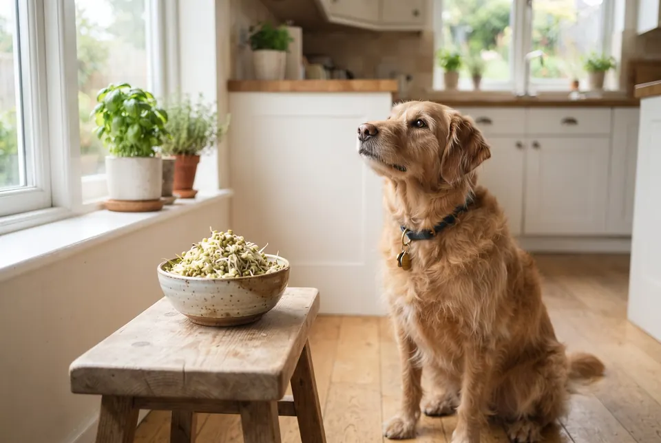 A dog sitting in a kitchen next to a bowl of bean sprouts