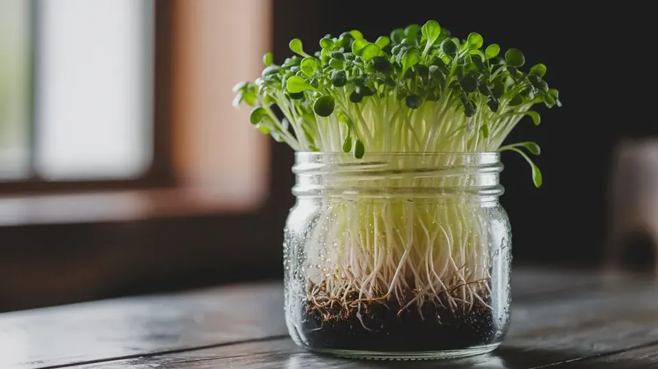 Sprouting jars and a microgreen tray on a windowsill