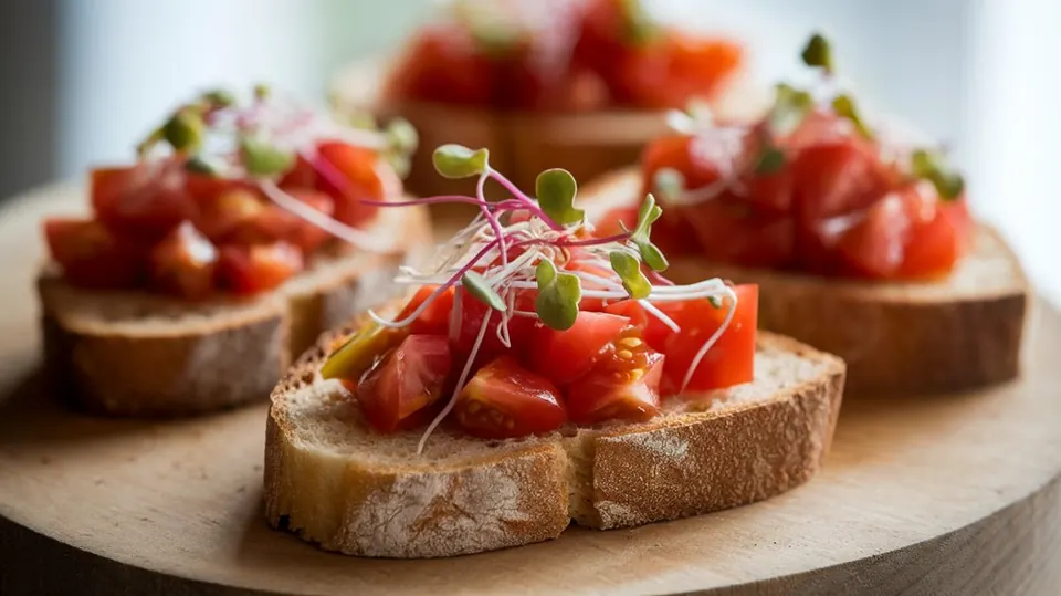 A loaf of sprouted grain bread sliced on a wooden board