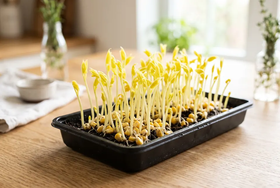 Bright yellow popcorn shoots in a tray