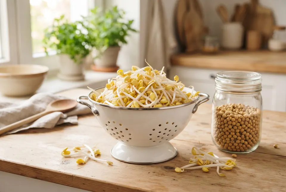 Long soybean sprouts with yellow heads in a bowl