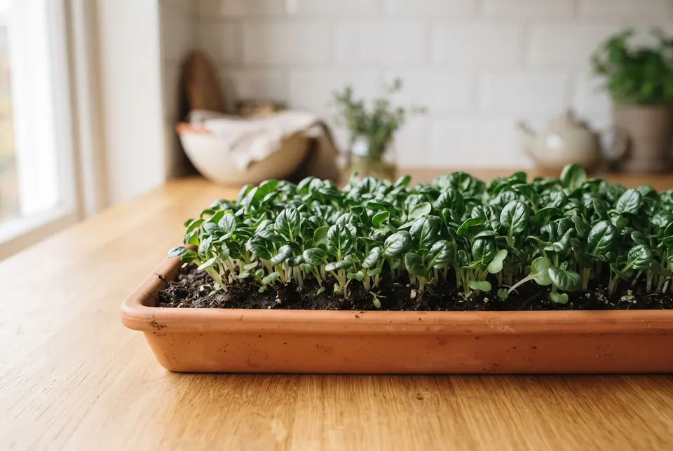 Round, dark-green tatsoi microgreens