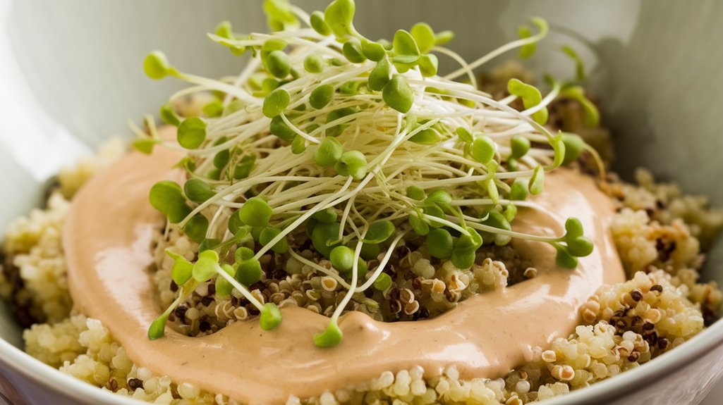 fresh quinoa and pea sprouts